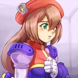 Rule 34 | 1girl, android, beret, breasts, brown hair, clenched hand, green eyes, hair between eyes, hand on own chest, hat, iris (mega man), long hair, medium breasts, mega man (series), mega man x4, mega man x (series), parted lips, skycompass, solo, worried