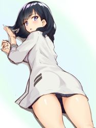 Rule 34 | 1girl, absurdres, ass, back, black hair, black skirt, blue eyes, blush, breasts, cardigan, collarbone, gridman universe, highres, long hair, long sleeves, looking at viewer, looking back, lying, on stomach, parted lips, pleated skirt, school uniform, shirt, shunichi, skirt, small breasts, solo, ssss.gridman, sweater, swept bangs, takarada rikka, white sweater