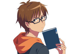 Rule 34 | 1boy, asada hachi, black-framed eyewear, book, brown hair, closed mouth, commentary request, expressionless, glasses, holding, holding book, hood, hood down, hoodie, looking at viewer, male focus, short hair, simple background, solo, upper body, white background