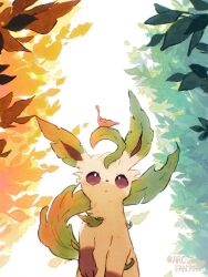 Rule 34 | :o, arc draws, autumn leaves, creatures (company), game freak, gen 4 pokemon, green tail, highres, leaf, leafeon, looking up, nintendo, no humans, open mouth, pokemon, pokemon (creature), purple eyes, solo, twitter username