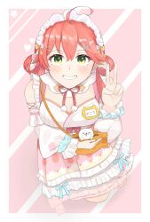 Rule 34 | 1girl, 35p (sakura miko), ahoge, cherry blossom print, cherry blossoms, detached sleeves, fish hair ornament, floral print, frilled skirt, frills, green eyes, hair ornament, hairclip, hands up, highres, hololive, light blush, long sleeves, looking at viewer, medium hair, pink hair, pink skirt, pom pom (clothes), pom pom hair ornament, ribbon, sakura miko, sakura miko (new year), shirt, skirt, sleeveless, sleeveless shirt, smile, solo, virtual youtuber, white headwear, yuaneeiri
