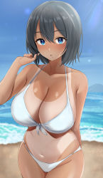 Rule 34 | 1girl, absurdres, arm behind back, bare arms, bare shoulders, beach, bikini, black hair, blue eyes, blush, breasts, cleavage, collarbone, crossed bangs, dark skin, highres, hotate-chan, large breasts, looking at viewer, mole, mole under mouth, navel, ocean, one-piece tan, original, outdoors, parted lips, short hair, swimsuit, tan, tanline, water, white bikini