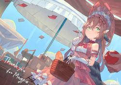 Rule 34 | 1girl, animal ears, antique radio, bird ears, bonnet, bow, bow choker, bowtie, bread, brown hair, choker, closed mouth, commentary, commission, day, dress, english commentary, food, gloves, green eyes, groceries, hair between eyes, hand up, indie virtual youtuber, looking at viewer, magpie (vtuber), outdoors, parasol, peroncho, pink dress, red bow, red bowtie, red choker, skeb commission, smile, solo focus, thank you, umbrella, virtual youtuber, white gloves