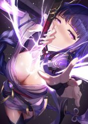 Rule 34 | 1girl, announ (kurotya), bare shoulders, between breasts, braid, breasts, bridal gauntlets, cleavage, detached collar, drawing sword, electricity, genshin impact, hair ornament, highres, holding, holding sword, holding weapon, human scabbard, japanese clothes, katana, kimono, large breasts, long hair, long sleeves, looking at viewer, low-braided long hair, low-tied long hair, musou isshin (genshin impact), obi, off shoulder, outstretched arm, purple eyes, purple hair, purple kimono, purple thighhighs, raiden shogun, revision, sash, solo, sword, thighhighs, thighs, weapon, wide sleeves