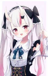 Rule 34 | 1girl, black skirt, blue bow, blue bowtie, blush, bow, bowtie, clothing cutout, cocozasa, commentary request, fang, frilled hairband, frilled shirt, frilled shirt collar, frills, hairband, highres, hololive, horns, long hair, looking at viewer, multicolored hair, nakiri ayame, nakiri ayame (girly), open mouth, outdoors, red eyes, red hair, sett, shirt, shoulder cutout, skin-covered horns, skirt, solo, virtual youtuber, white hair