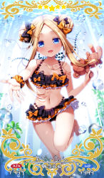Rule 34 | 1girl, :d, abigail williams (emerald float) (fate), abigail williams (fate), air bubble, barefoot, bikini, black bow, blonde hair, blue eyes, bow, bubble, collarbone, double bun, fate/grand order, fate (series), feet, frilled bikini, frills, gluteal fold, hair bow, highres, long hair, looking at viewer, multicolored bikini, multicolored clothes, navel, official alternate costume, open mouth, orange bow, outstretched arm, polka dot, polka dot bow, sasai saji, scrunchie, seaweed, smile, solo, stuffed animal, stuffed toy, swimsuit, teddy bear, thigh gap, translation request, underwater, wrist scrunchie
