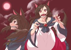 Rule 34 | 1girl, animal ears, breasts, brooch, brown hair, commentary request, cowboy shot, dress, fingernails, full moon, imaizumi kagerou, jewelry, kijima (amayadori-tei), long hair, looking at viewer, moon, nail polish, open mouth, red eyes, red nails, red sky, sharp fingernails, sharp teeth, sky, small breasts, teeth, touhou, transformation, werewolf, white dress, wolf ears, wolf girl