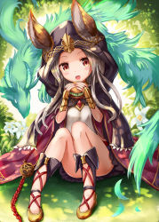 Rule 34 | 10s, 1girl, animal ears, brown eyes, cloak, commentary request, convenient leg, day, dragon, ears through headwear, erune, flower, food, granblue fantasy, grass, grey hair, burger, holding, holding food, hood, hooded cloak, long hair, looking at viewer, on ground, open mouth, outdoors, sakura ani, scathacha (granblue fantasy), sitting, solo
