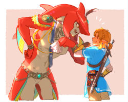 Rule 34 | 2boys, abs, blonde hair, commentary request, fangs, fingerless gloves, gloves, highres, link, looking at another, male focus, meipu hm, monster boy, multiple boys, nintendo, pointy ears, sidon, smile, sword, teeth, the legend of zelda, the legend of zelda: breath of the wild, weapon, yellow eyes, zora