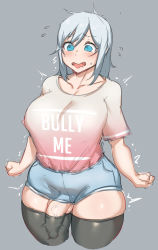 Rule 34 | 1girl, aqua eyes, black thighhighs, blue shorts, blush, breasts, clenched hands, clothes writing, collarbone, commentary, curvy, cutoffs, denim, denim shorts, embarrassed, english commentary, english text, flying sweatdrops, fuck-me shirt, futanari, grey background, high-waist shorts, highres, large breasts, large penis, meme attire, micro shorts, natedecock, open mouth, original, penis, penis in thighhigh, pink shirt, plump, sagging breasts, shirt, shirt tucked in, short hair, short shorts, short sleeves, shorts, silver hair, solo, standing, sweat, thick thighs, thighhighs, thighs, trembling, uncensored, veins, veiny penis, wavy mouth