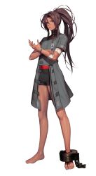Rule 34 | 1girl, absurdres, barcode, bare legs, barefoot, black survival, blood, blood on feet, boxers, brown hair, chain, coat, cuffs, dark-skinned female, dark skin, english text, fingernails, game cg, glaring, high collar, high ponytail, highres, holding own arm, lanyard, legs apart, lips, long bangs, long hair, looking at viewer, male underwear, nadine chandrawinata, nadine chandrawinata (14m-rft10), official alternate costume, official art, open clothes, open coat, prisoner, purple eyes, serious, shackles, shiny lips, shiny skin, short sleeves, skinny, solo, standing, tan, third-party source, toenails, toes, transparent background, underwear, wristband