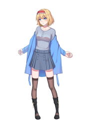 Rule 34 | 1girl, :o, alice margatroid, alternate costume, black footwear, blonde hair, blue eyes, blue jacket, blue skirt, blue sweater, blush, boots, breasts, casual, collarbone, du mogu, frills, full body, hairband, head tilt, highres, jacket, knee boots, legs apart, long sleeves, mask, medium breasts, mouth mask, off shoulder, open clothes, open jacket, open mouth, pleated skirt, short hair, simple background, skirt, solo, standing, surgical mask, sweater, thighhighs, thighhighs under boots, touhou, white background, zettai ryouiki