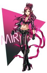Rule 34 | 10s, 1girl, anklet, belt, blue eyes, boots, breasts, cleavage, earrings, full body, helmet, high heel boots, high heels, highres, jewelry, macross, macross delta, maroon hair, midriff, mirage farina jenius, necklace, pants, pointy ears, shimatani azu, solo, standing, tight clothes, tight pants