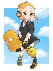 Rule 34 | 1girl, backpack, bag, bike shorts, black collar, black footwear, black shorts, blue sky, boots, brown eyes, closed mouth, cloud, cloudy sky, collar, commentary, day, full body, gomamiso (gomagoma bba), headphones, heavy splatling (splatoon), highres, holding, holding weapon, long sleeves, medium hair, nintendo, octoling, octoling girl, octoling player character, orange hair, outside border, shirt, shorts, sky, solo, splatoon (series), splatoon 2, standing, suction cups, tentacle hair, weapon, white shirt