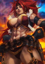 Rule 34 | 1girl, abs, absurdres, barbarian, battle chasers, blue eyes, boots, breasts, bullet, cleavage, crop top, earrings, fur trim, gloves, headband, highres, jewelry, large breasts, looking at viewer, looking down, monori rogue, multicolored background, muscular, muscular female, panties, ponytail, red monika, sash, solo, thigh strap, thighhighs, toned, underwear, vest