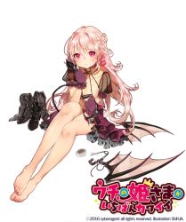 Rule 34 | 1girl, bare legs, barefoot, boots, braid, breasts, cleavage, copyright name, copyright notice, cross-laced footwear, fake wings, feet, french braid, full body, gloves, hairband, lace-up boots, large breasts, legs together, long hair, looking at viewer, official art, pink eyes, pink hair, pointy ears, purple gloves, red eyes, see-through, shoes, simple background, sitting, solo, sukja, tape, toes, uchi no hime-sama ga ichiban kawaii, unworn boots, unworn hairband, unworn shoes, white background, wings, wings removed