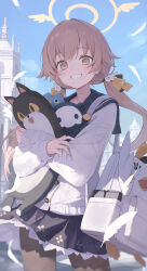 Rule 34 | 1girl, backpack, bag, black sailor collar, black skirt, blue archive, blue sky, brown eyes, brown hair, brown pantyhose, falling feathers, feathers, floating hair, halo, hifumi (blue archive), highres, holding, holding stuffed toy, kakutasu, long sleeves, looking at viewer, low twintails, open mouth, outdoors, pantyhose, sailor collar, school uniform, shirt, skirt, sky, smile, solo, standing, stuffed toy, twintails, white bag, white fe, white feathers, white shirt