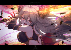 Rule 34 | 1girl, ahoge, axe, bad id, bad pixiv id, bare shoulders, breasts, draph, gauntlets, granblue fantasy, grey hair, highres, horns, kashu (hizake), large breasts, letterboxed, long hair, open mouth, red eyes, smile, solo, threo (granblue fantasy), translation request, upper body