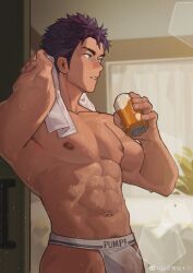 Rule 34 | 1boy, abs, absurdres, bara, blue eyes, briefs, bulge, can, drink can, eyebrow cut, highres, holding, holding can, holding towel, juhachiii, large pectorals, looking away, male focus, male underwear, muscular, muscular male, navel, nipples, original, pectorals, purple hair, see-through, sideburns, soda can, solo, sweat, sweatdrop, towel, towel around neck, underwear, white male underwear