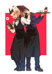 Rule 34 | 2boys, ace attorney, annoyed, antenna hair, apollo justice, apron, aqua bow, aqua bowtie, black apron, black pants, black vest, blonde hair, blue shirt, blush, border, bow, bowtie, bracelet, brown eyes, brown footwear, brown hair, buttons, chain, chain necklace, clipboard, collared shirt, cup, dark-skinned male, dark skin, drill hair, earrings, hand on another&#039;s shoulder, hands up, heart, heel up, hi-fi (fijazzy), highres, holding, holding clipboard, holding menu, holding tray, jewelry, kiss, kissing cheek, klavier gavin, leaning, legs apart, long sleeves, male focus, medium hair, menu, multiple boys, necklace, open collar, open mouth, outside border, pants, pink background, popped collar, ribbed shirt, shirt, sleeves rolled up, spoken squiggle, squiggle, standing, suspenders, sweat, teacup, teeth, tray, vest, waist apron, waiter, white border, white shirt, yaoi