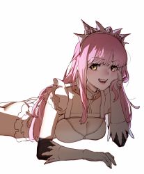 Rule 34 | 1girl, absurdres, ass, breasts, cleavage, elbow gloves, fate/grand order, fate (series), from side, gloves, hand on own cheek, hand on own face, highres, long hair, looking at viewer, lying, medb (fate), medb (fate), on stomach, pink hair, simple background, skirt, solo, tiara, tr-317, white background, white gloves, white skirt, yellow eyes