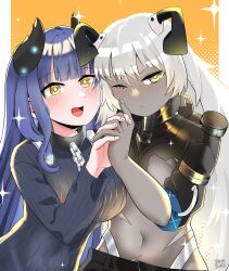 Rule 34 | 2girls, :/, :d, absurdres, arbiter strength viii (azur lane), azur lane, black shorts, black sweater, blue hair, blunt bangs, blush, breasts, chain, closed mouth, commission, covered navel, dark-skinned female, dark skin, dated, enforcer viii determination (azur lane), fingernails, grey hair, hair between eyes, highres, holding hands, horns, large breasts, long hair, long sleeves, looking at viewer, midriff, multiple girls, navel, one eye closed, open mouth, scar, scar on stomach, second-party source, shorts, signature, siren (azur lane), smile, striped clothes, striped sweater, sweater, toszuca, yellow eyes
