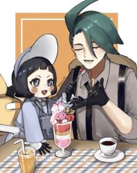 Rule 34 | 2girls, :d, aqua hair, bendy straw, black gloves, black hair, black necktie, blue cardigan, blue eyes, bonnet, bright pupils, cardigan, cherry, child, collared shirt, creatures (company), cup, drink, drinking straw, ear piercing, eyelashes, feeding, food, fruit, game freak, glass, gloves, grey shirt, hand up, highres, ice, ice cube, jewelry, key, key necklace, long sleeves, looking at another, lower teeth only, multiple girls, necklace, necktie, nintendo, open cardigan, open clothes, open mouth, parfait, piercing, pokemon, pokemon sv, poppy (pokemon), rika (pokemon), saucer, seinikuten, shirt, smile, suspenders, table, tablecloth, tea, teacup, teeth, tinkaton, twitter username, upper teeth only, white pupils