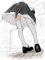 1girl bent_over black_dress black_sleeves blue_hair commentary detached_sleeves dress frilled_dress frills from_below hands_on_own_knees highres leaning_forward mameroku re:zero_kara_hajimeru_isekai_seikatsu rem_(re:zero) roswaal_mansion_maid_uniform short_hair sketch_background solo thighhighs thighs white_thighhighs