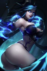 Rule 34 | 1girl, armpits, ass, bare shoulders, black hair, black thighhighs, blue eyes, blue hair, breasts, bustier, claws, closed mouth, collar, cowboy shot, evelynn (league of legends), female focus, from behind, gloves, glowing, glowing eyes, gradient hair, highres, large breasts, league of legends, light particles, lips, lipstick, liuzexiong, long hair, looking at viewer, looking back, makeup, midriff, motion blur, multicolored hair, navel, red lips, shadow evelynn, shiny skin, smile, solo, standing, stomach, swept bangs, tattoo, thighhighs, twisted torso