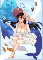 Rule 34 | 1girl, absurdres, barefoot, black hair, breasts, cleavage, clownfish, collarbone, dress, fish, hat, highres, large breasts, long hair, looking up, original, red eyes, solo, straw hat, sundress, tattoo, toes, tropical fish, yorei (death0813)