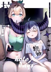 Rule 34 | 2girls, ahoge, alternate costume, aqua eyes, asymmetrical hair, black shorts, blonde hair, blush, braid, breasts, camisole, casual, cleavage, closed mouth, commentary, controller, couch, dated, demon horns, donggua bing cha, english text, feet out of frame, food, food in mouth, french braid, green camisole, green nails, grey hair, hair between eyes, hair ornament, highres, holding, holding remote control, hololive, horns, kazama iroha, la+ darknesss, leaf hair ornament, leaning on person, long hair, looking at viewer, medium breasts, midriff, multicolored hair, multiple girls, nail polish, navel, open mouth, pocky, pocky in mouth, pointy ears, purple hair, remote control, shirt, short hair, short shorts, short sleeves, shorts, single bare shoulder, single braid, sitting, sleeping, sleeping on person, sleeveless, small breasts, streaked hair, striped horns, thighs, virtual youtuber, white shirt