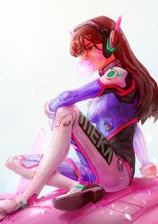 Rule 34 | 1girl, acronym, animal print, arm support, blue bodysuit, bodysuit, breasts, brown eyes, brown hair, blowing bubbles, chewing gum, clothes writing, crossed legs, d.va (overwatch), facepaint, facial mark, gloves, hair between eyes, headphones, high collar, highres, long hair, mecha, medium breasts, meka (overwatch), nomnomroko, overwatch, overwatch 1, petals, pilot suit, rabbit print, ribbed bodysuit, robot, shoulder pads, sitting, sitting on object, skin tight, solo, swept bangs, whisker markings, white background, white gloves