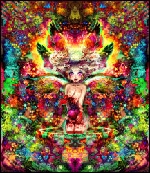 Rule 34 | acid trip, angel wings, blood, colorful, guro, heart, nude, pink eyes, sitting, solo, star (symbol), surreal, what, white hair, wings, yukaman