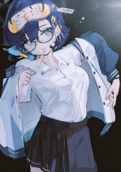Rule 34 | 1girl, absurdres, black skirt, blue archive, blue hair, cellphone, chihiro (blue archive), dressing, glasses, green eyes, highres, jacket, light, mask, mask on head, morning, phone, shirt, skirt, sleep mask, soyly 4, toothbrush, toothbrush in mouth, watch, white shirt, wristwatch