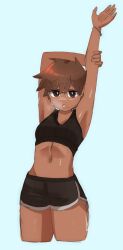 Rule 34 | 1girl, armpits, arms up, black shorts, breasts, brown eyes, brown hair, dark-skinned female, dark skin, glasses, highres, mole, mole under mouth, navel, nyaivie, original, short hair, shorts, small breasts, solo, sportswear, stretching, sweat, thighs, ufaa (stvpvd)