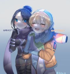 Rule 34 | 2girls, apex legends, belt, black bodysuit, black hair, blonde hair, blue bodysuit, blue eyes, bodysuit, breasts, brown belt, character name, closed eyes, holding, holding stuffed toy, hood, hooded bodysuit, hooded jacket, jacket, medium breasts, multiple girls, nessie (respawn), orange jacket, parted bangs, purple scarf, ribbed bodysuit, scarf, smile, sorasu, stuffed toy, thigh strap, wattson (apex legends), white bodysuit, wraith (apex legends)