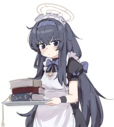 Rule 34 | 1girl, absurdres, apron, black eyes, black hair, blue archive, blue ribbon, book, book stack, hair between eyes, hair intakes, halo, headband, highres, holding, holding tray, jewelry, kyarupunch, light frown, looking to the side, maid, maid apron, maid headdress, pendant, ribbon, sweatdrop, tray, ui (blue archive)