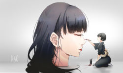 Rule 34 | 2girls, black hair, closed mouth, eyeshadow, from side, highres, lipstick, long hair, looking at another, makeup, multiple girls, original, paint, paintbrush, profile, red lips, romaji text, seiza, severed head, short hair, sitting, size difference, smile, socks, takasugi yasu, white legwear