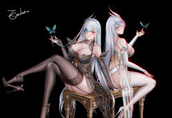 Rule 34 | 2girls, absurdres, alternate costume, azur lane, black background, black dress, black footwear, black garter straps, black thighhighs, black vs white, blue butterfly, blue flower, breasts, bug, butterfly, character name, chromatic aberration, detached sleeves, dress, dual persona, emden (azur lane), flower, flower over eye, foot out of frame, garter straps, golden miocola, heart (symbol), high heels, highres, insect, lace, lace-trimmed legwear, lace trim, large breasts, lock, long hair, multiple girls, padlock, padlocked collar, pumps, rose, see-through, shoe dangle, shoes, simple background, sitting, spade (shape), stiletto heels, thighhighs, very long hair, white dress, white flower, white footwear, white hair, white rose, white thighhighs