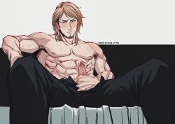 Rule 34 | 1boy, artesdealy, brown hair, hand on penis, highres, jean kirstein, male focus, male masturbation, masturbation, pants, penis, penis grab, precum, shingeki no kyojin, sitting, solo, solo focus, topless male