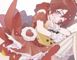 Rule 34 | 1girl, blue eyes, blush, dress, electric guitar, gibson les paul, grin, guitar, heart, highres, idol, idolmaster, idolmaster million live!, instrument, izumo (izumo53), julia (idolmaster), looking at viewer, puffy short sleeves, puffy sleeves, red dress, red hair, short hair, short sleeves, smile, solo, striped clothes, striped thighhighs, thighhighs, v, vertical-striped clothes, vertical-striped thighhighs