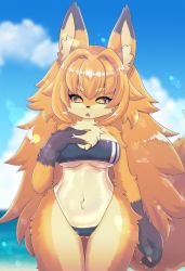 Rule 34 | absurdres, animal ear fluff, animal ears, animal nose, blue sky, blurry, blurry background, breasts, chestnut mouth, claws, cloud, cowboy shot, day, fox ears, fox tail, furry, furry female, hair between eyes, hair intakes, hand on own chest, highres, large breasts, long hair, navel, ocean, original, racal ra, see-through, short eyebrows, sky, spiked hair, standing, swimsuit, tail, thick thighs, thighs, underboob, very long hair, wide hips, yellow eyes
