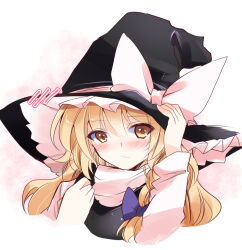 Rule 34 | 1girl, black hat, black vest, blonde hair, blush, bow, braid, closed mouth, commentary request, hat, hat bow, ichimura kanata, kirisame marisa, long hair, long sleeves, looking at viewer, purple bow, shirt, simple background, single braid, solo, touhou, upper body, vest, white background, white bow, white shirt, witch hat, yellow eyes
