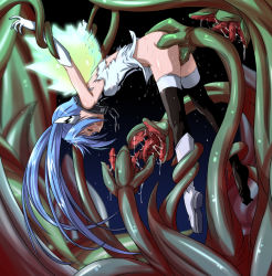 Rule 34 | 1girl, ass, ass grab, blue hair, boots, bottomless, closed eyes, female focus, fumihiro, gloves, gradient background, nymph (sora no otoshimono), open mouth, rape, restrained, shoes, single shoe, solo, sora no otoshimono, tears, tentacles, thighhighs, torn clothes, twintails, wings