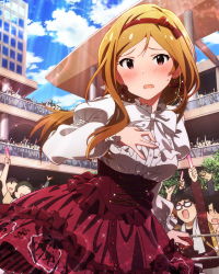 Rule 34 | 10s, 1girl, alternate costume, artist request, audience, blue sky, blush, brown eyes, brown hair, cloud, day, earrings, glasses, glowstick, hairband, hand on own chest, hand over heart, idol, idolmaster, idolmaster million live!, jewelry, jpeg artifacts, long hair, looking at viewer, momose rio, official art, shirt, skirt, sky, solo, white shirt