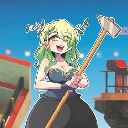 Rule 34 | 1girl, antlers, blush, braid, braided bangs, breasts, brown eyes, ceres fauna, cleavage, collarbone, day, earrings, getting over it, green hair, hair over one eye, highres, hololive, hololive english, horns, jewelry, large breasts, long hair, looking at viewer, mole, mole under eye, open mouth, outdoors, ryou sakai, single braid, smile, solo, teeth, upper teeth only, virtual youtuber