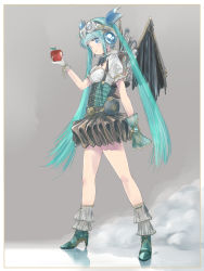Rule 34 | 1girl, apple, aqua hair, artist name, blue eyes, bow, bowtie, corset, food, fruit, gloves, goggles, goggles on head, hatsune miku, headset, high heels, highres, kowiru, long hair, mechanical wings, skirt, smile, solo, steampunk, twintails, very long hair, vocaloid, wings