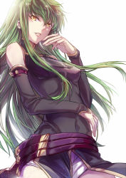 Rule 34 | 1girl, bad id, bad pixiv id, bare shoulders, belt, breasts, c.c., code geass, detached sleeves, green hair, lips, long hair, parted lips, shorts, small breasts, solo, suco (anya1218), yellow eyes