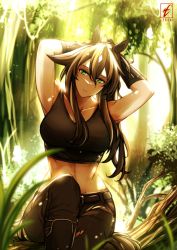 Rule 34 | 1girl, absurdres, animal ears, arknights, armpits, arms behind head, arms up, artist name, backlighting, belt, belt buckle, black hair, black pants, breasts, buckle, collarbone, crop top, day, ezraqi, foreshortening, green eyes, hair between eyes, highres, horse ears, horse girl, horse tail, knee up, large breasts, log, long hair, looking at viewer, meteor (arknights), mole, mole under eye, outdoors, pants, parted lips, ponytail, sidelocks, sitting, solo, sunlight, tail, toned, torn clothes, torn pants, tree