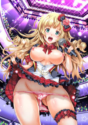 Rule 34 | 1girl, blonde hair, bow, breasts, breasts out, clothes lift, crowd, green eyes, hair bow, idol, large breasts, manatsu no yo no inmu, microphone, nipples, open mouth, panties, panty pull, pussy juice, skirt, skirt lift, smile, sweat, thigh strap, underwear, yokoyama naoki